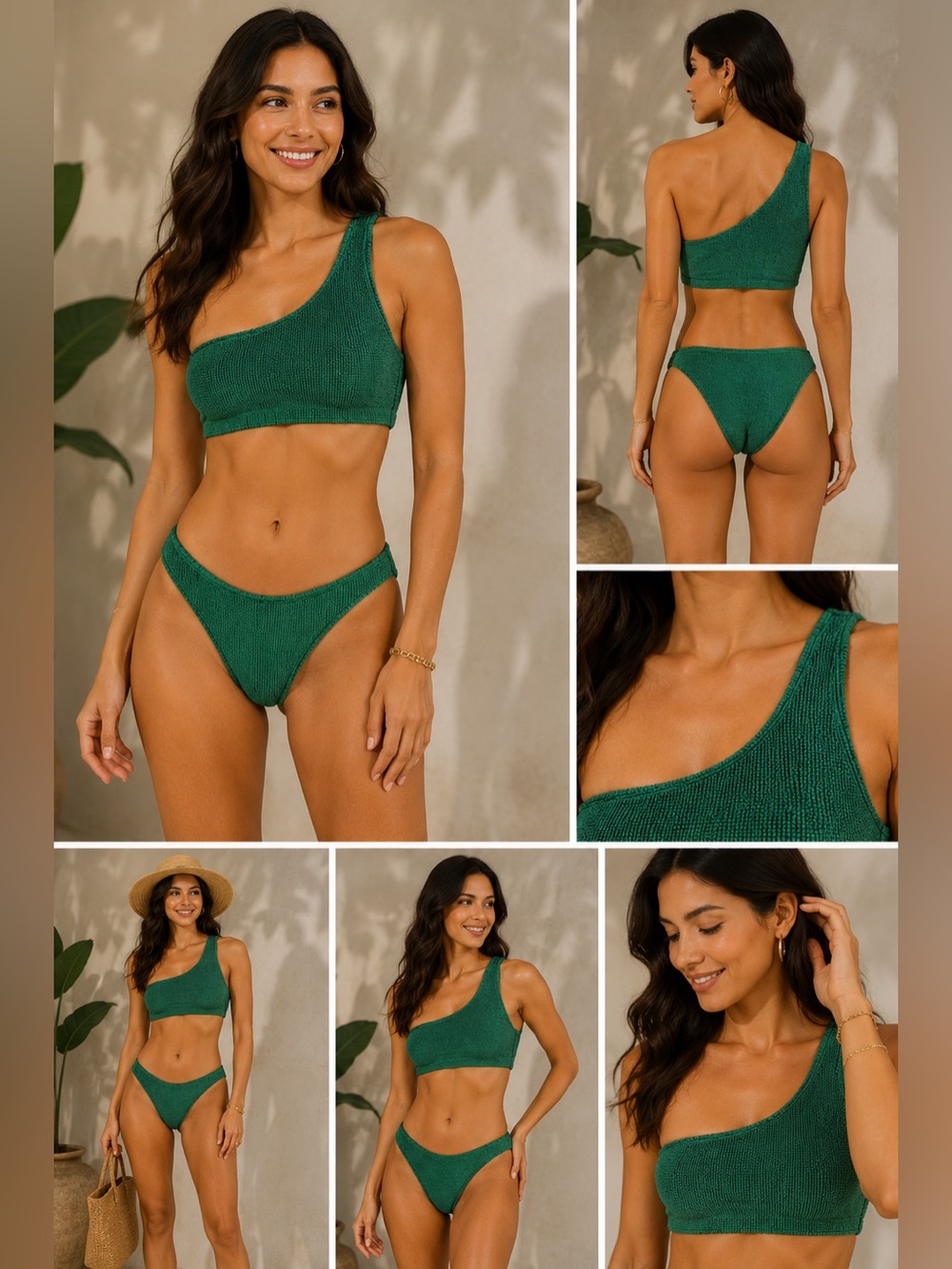 Good American Green One Shoulder Crinkle Bikini Set Metallic Size 1/2 3/4